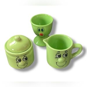 Vintage 70s Gryphonware Dish Set Anthropomorphic Green Egg Cup Cream Sugar Faces